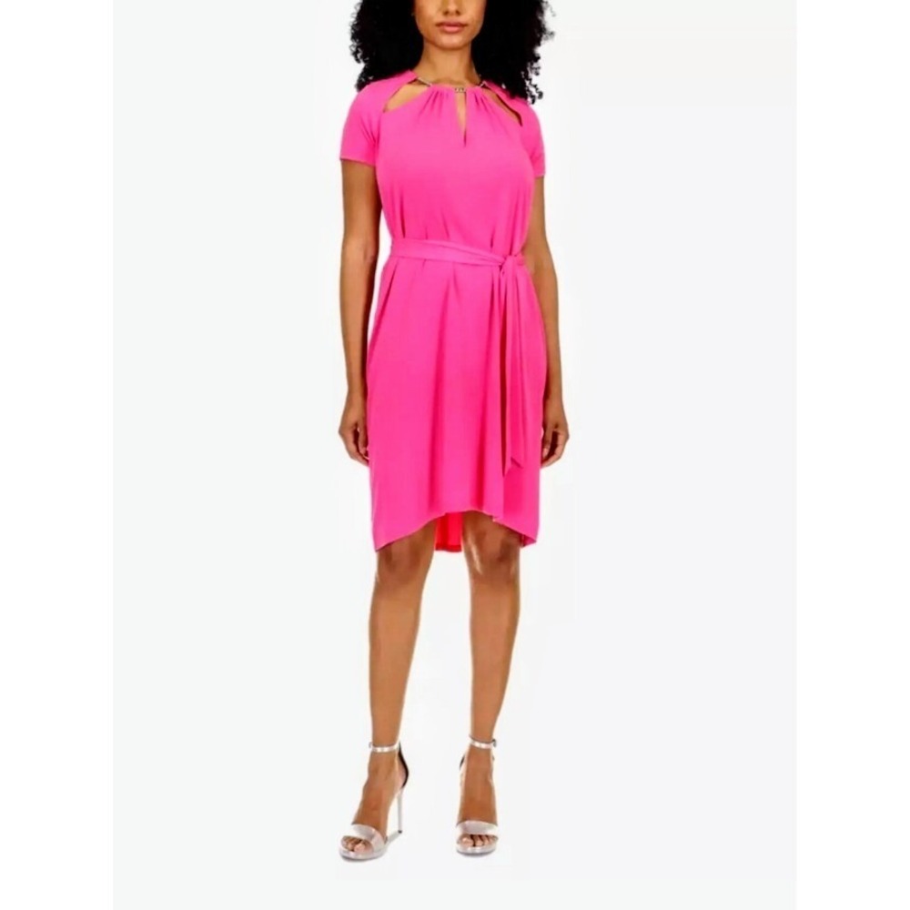 Michael Kors Pink Chain Neck Cutout Belted Crepe Dress XS NWT $140